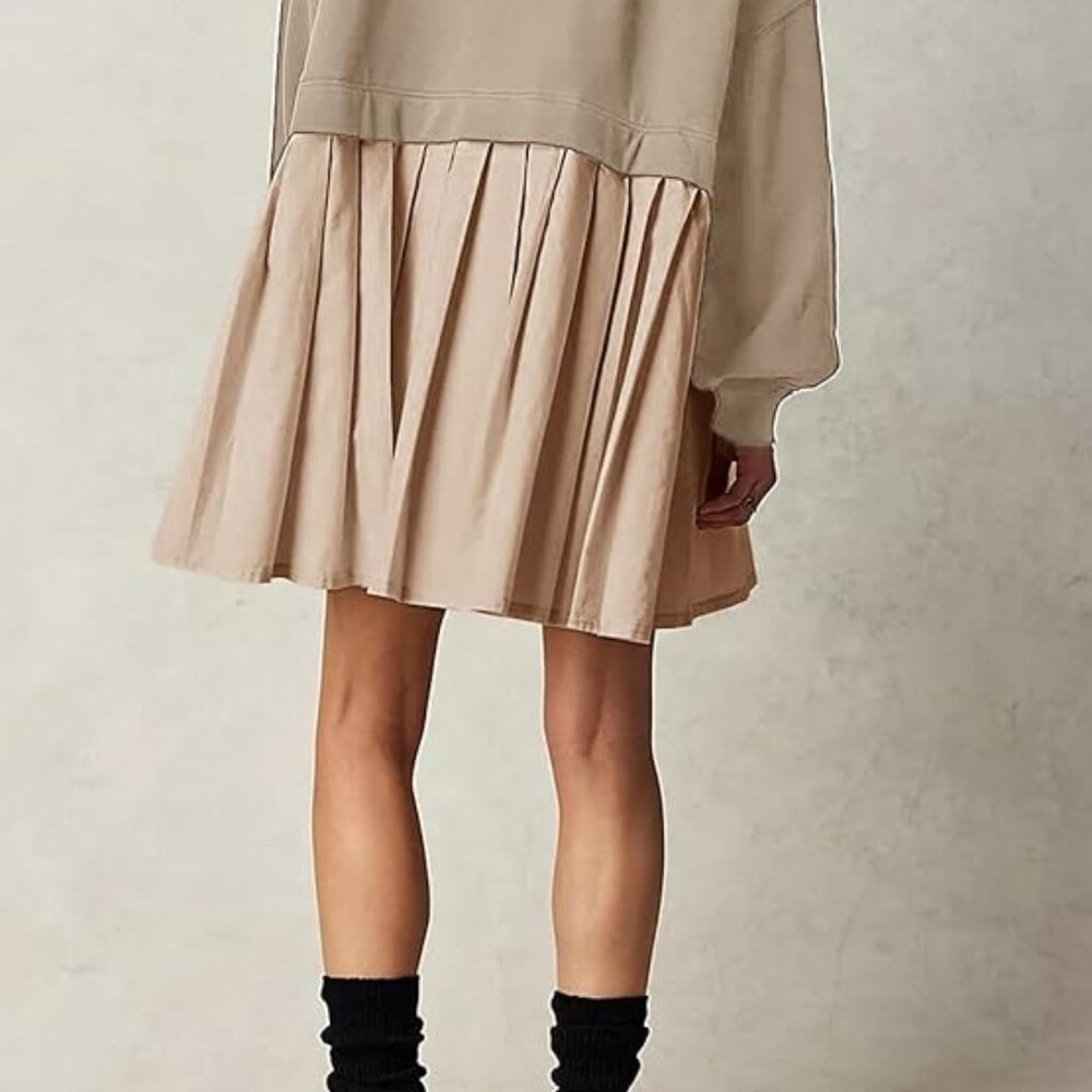 Dokuritu Women's Khaki Patchwork Crew Neck Long Sleeve Sweatshirt Mini Dress XS - Picture 5 of 11